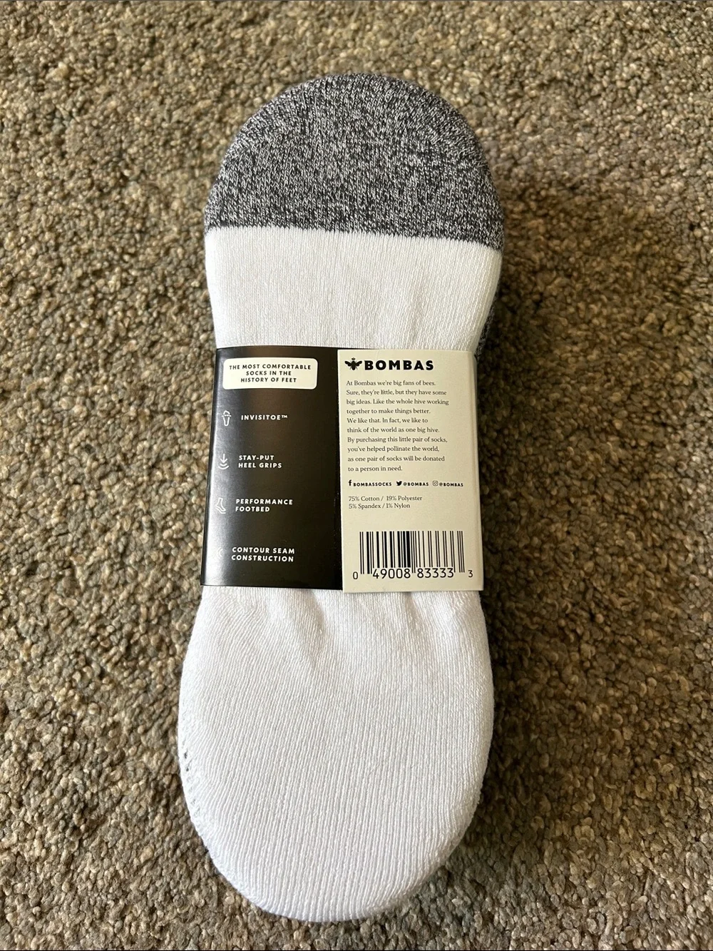 Bombas Men's No-Show Cushioned Socks - 4 pack. 2 black, 1 gray, 1 white.